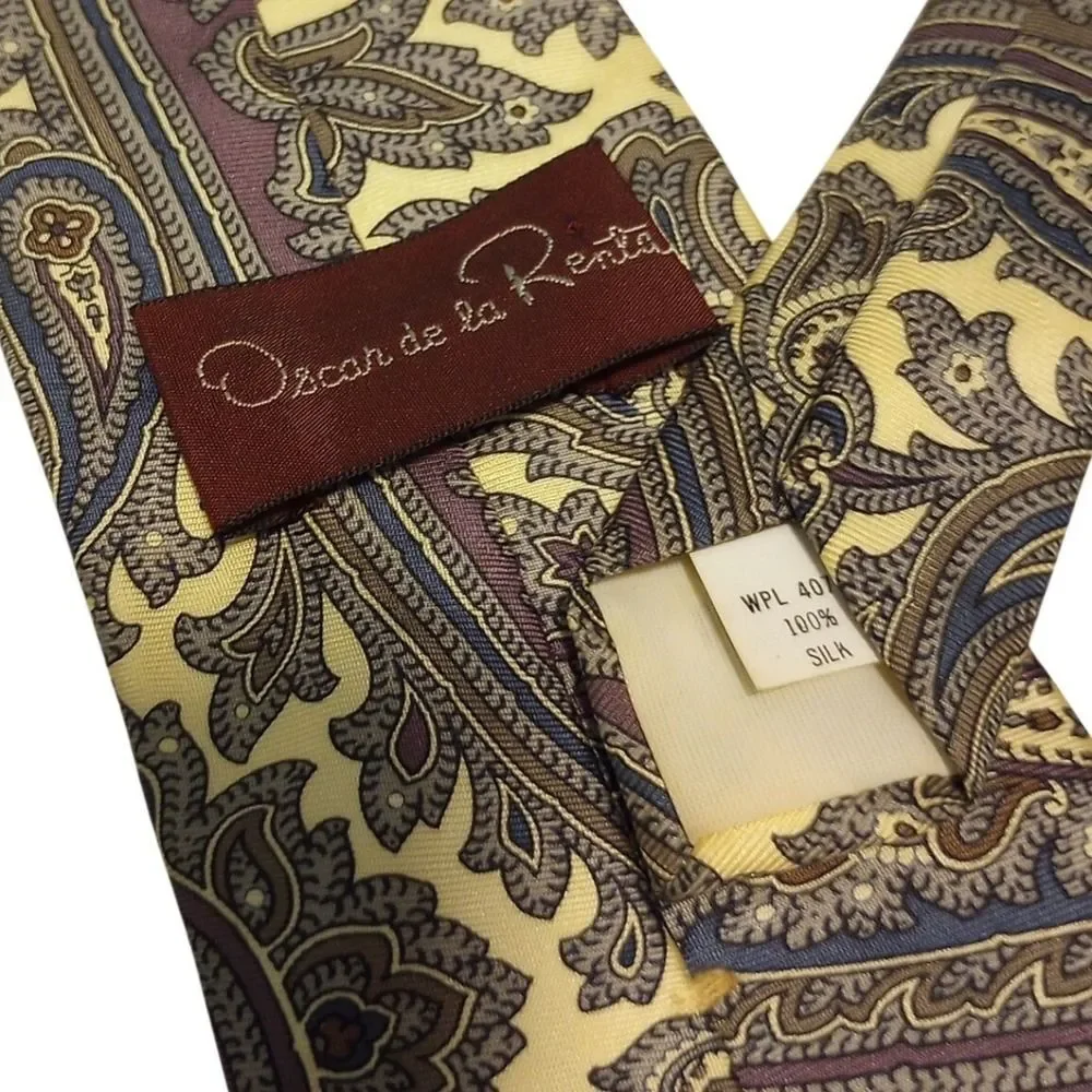 Oscar de la Renta Mens Silk Tie Paisley Cream Silver‎ Purple Blue